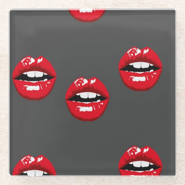 Posavasos De Vidrio Los labios rojos brillantes en gris (Anverso)
