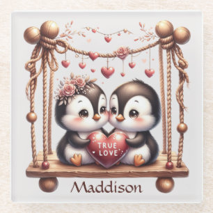 Posavasos De Vidrio Los pingüinos del amor verdadero día de San Valent