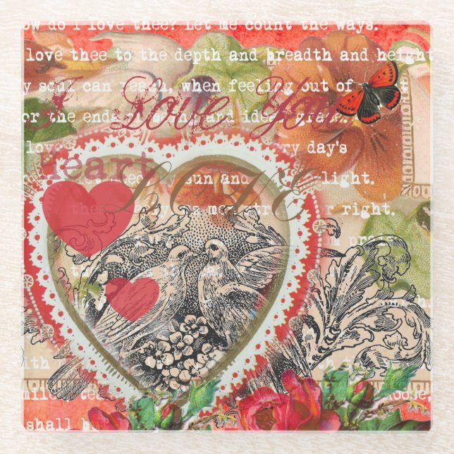 Posavasos De Vidrio Love Birds Heart Red Art Collage (Anverso)