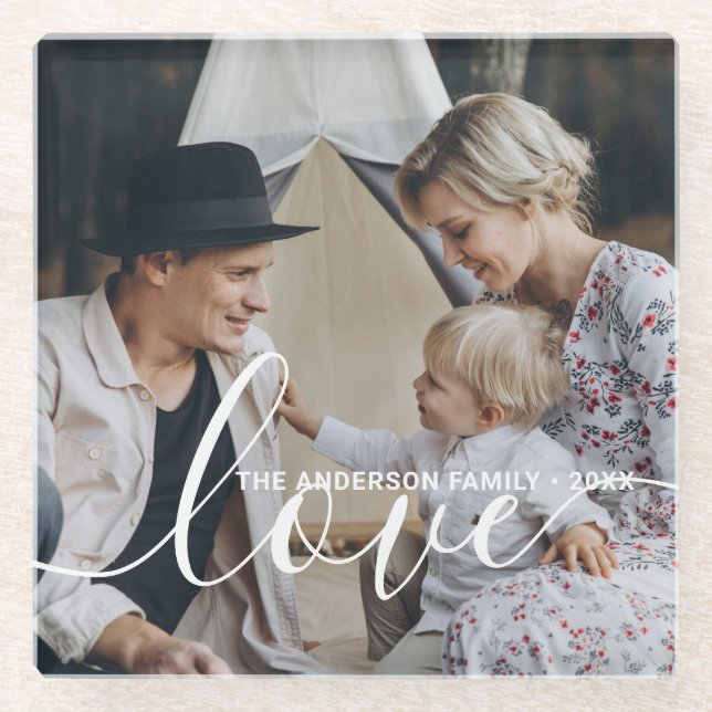 Posavasos De Vidrio 'Love' Foto familiar personalizada con nombre cust (Anverso)