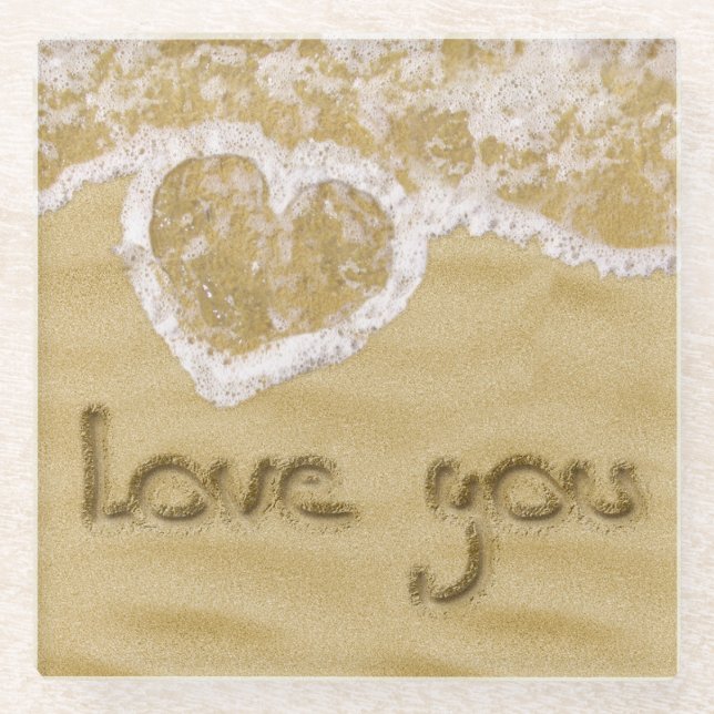 Posavasos De Vidrio "Love you" Heart written in Sand (Anverso)