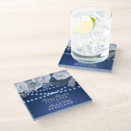 Posavasos De Vidrio Luces de cuerda Modern Blue Elegant Wedding