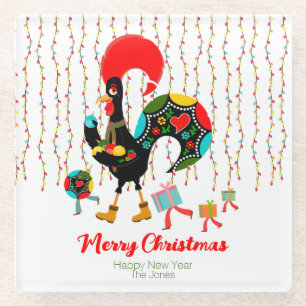 Posavasos De Vidrio Luces de navidad, baubles, regalos y Rooster