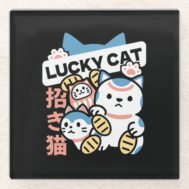 Posavasos De Vidrio Lucky Cat Art – Maneki Neko with Gold Coin (Anverso)