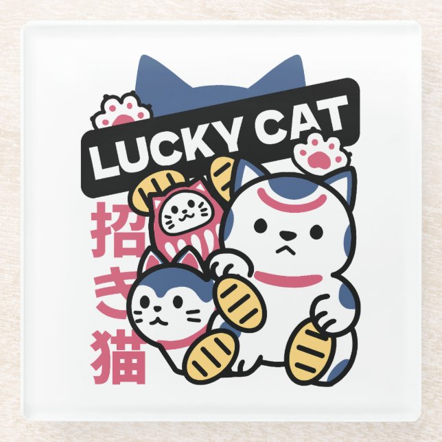 Posavasos De Vidrio Lucky Cat Maneki Neko – Japanese Fortune Cat  (Anverso)