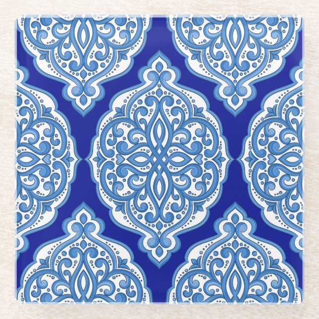 Posavasos De Vidrio Lujo blanco-azul, ornamento turco. (Anverso)