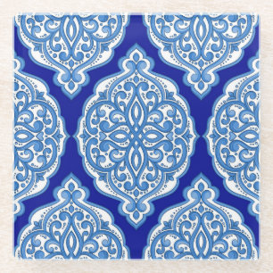 Posavasos De Vidrio Lujo blanco-azul, ornamento turco.