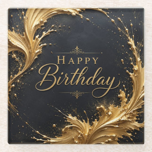 Posavasos De Vidrio Lujo Cumpleaños Elegancia Salpicadura de Oro (Anverso)