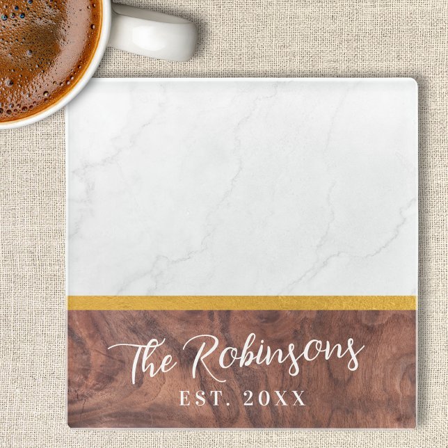 Posavasos De Vidrio Madera de mármol cuadrado personalizado Fecha de e (Personalized Square Glass Coasters | Marble Wood Gold Last Name Est Established Wedding Date Gift)