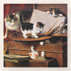 Posavasos De Vidrio Madre gata y gatitos en la mesa
