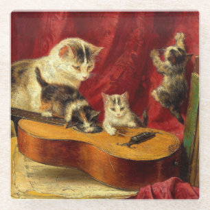 Posavasos De Vidrio Madre gata y gatitos jugando con guitarra