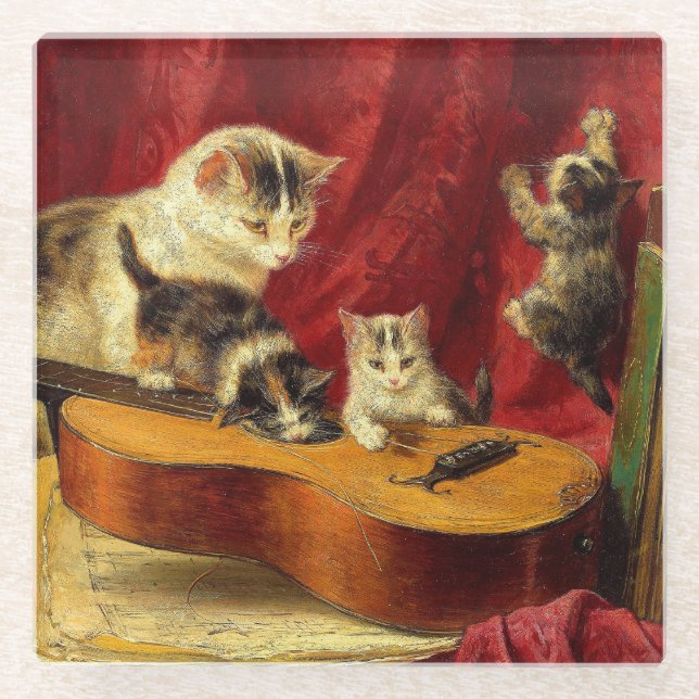 Posavasos De Vidrio Madre gata y gatitos jugando con guitarra (Anverso)