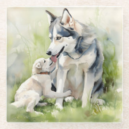 Posavasos De Vidrio Madre madre siberiana Husky perro pintando fondo