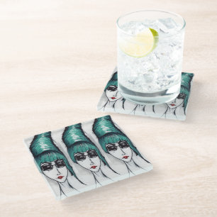 Posavasos De Vidrio Madre Monstruo Beehia Verde azulada dibujando arte