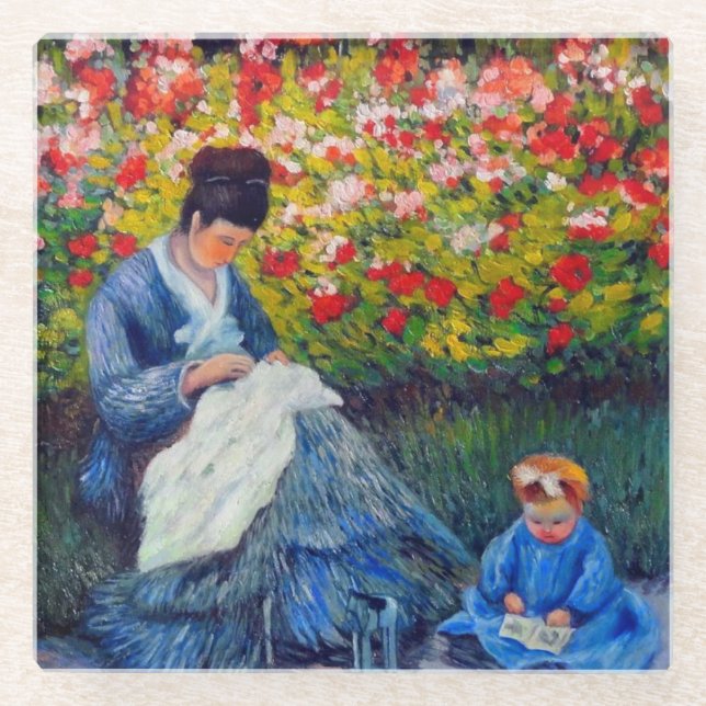 Posavasos De Vidrio Madre y niño monet en el jardín (Anverso)