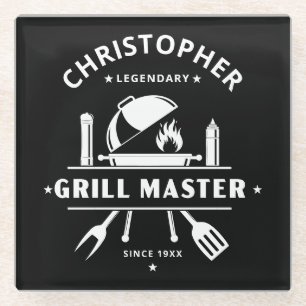Posavasos De Vidrio Maestro de la Parrilla Legendario Nombre Persona
