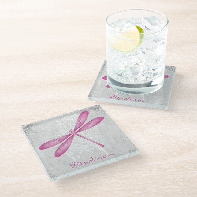 Posavasos De Vidrio Magenta Dragonfly Personalizada Glass Coaster (Angular)