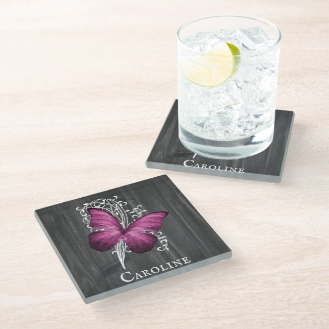 Posavasos De Vidrio Magenta Rustic Butterfly personalizada (Angular)