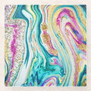 Posavasos De Vidrio Mágica Marbling: Diseño de pinturas metálicas.