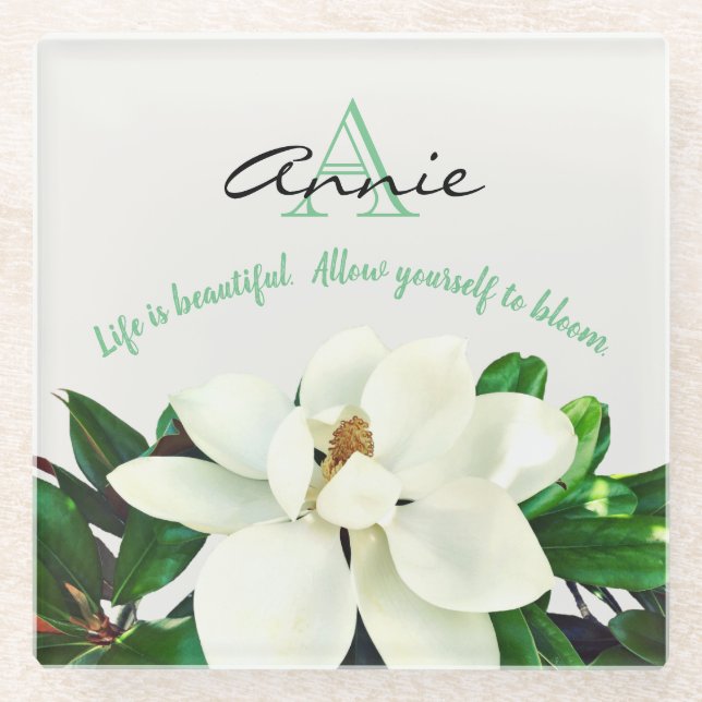 Posavasos De Vidrio Magnolia Bloom | Inspirador personalizado (Anverso)