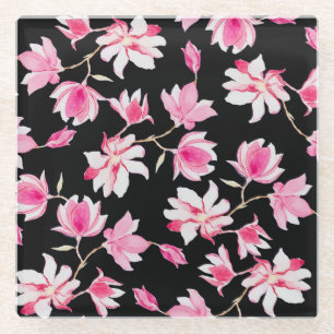 Posavasos De Vidrio Magnolia romántica: acuarela negra