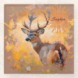 Posavasos De Vidrio Majestic Deer in a Field of Wildflowers