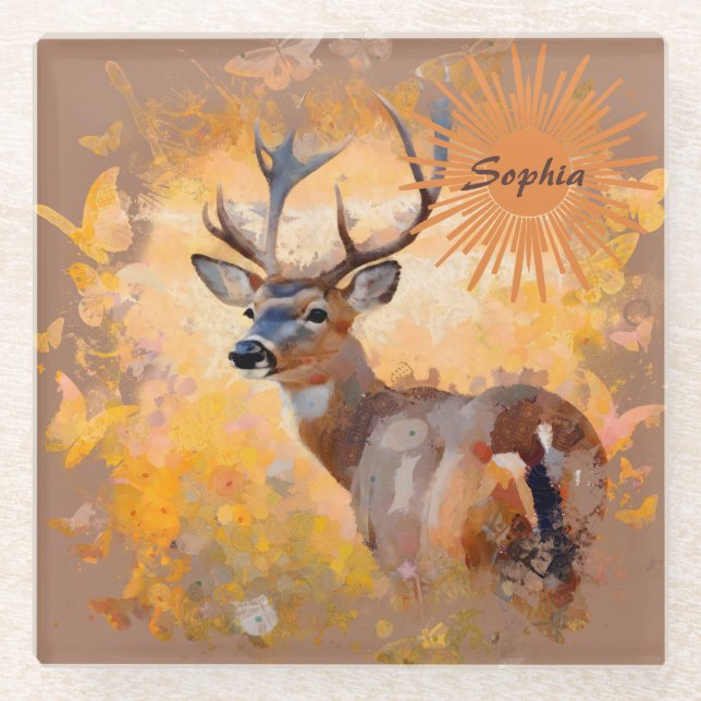 Posavasos De Vidrio Majestic Deer in a Field of Wildflowers (Anverso)