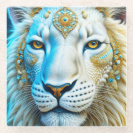 Posavasos De Vidrio Majestuoso León Blanco y Dorado  
