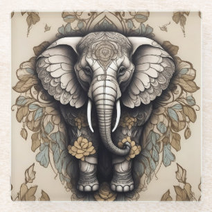Posavasos De Vidrio Majestuoso Mandala de Elefante