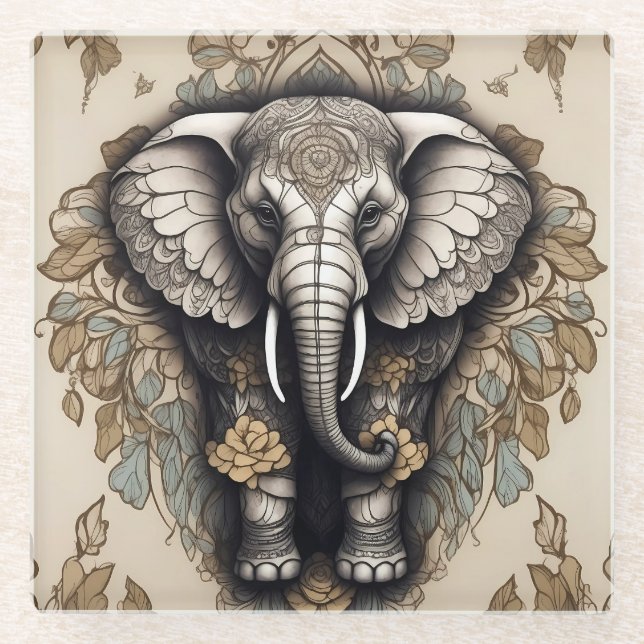 Posavasos De Vidrio Majestuoso Mandala de Elefante (Anverso)