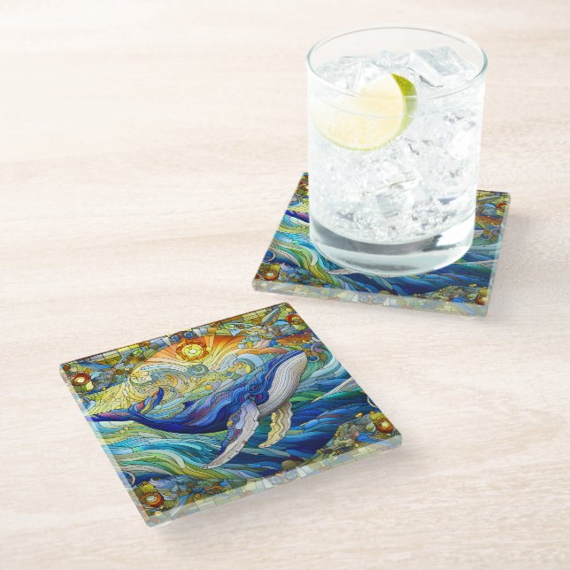 Posavasos De Vidrio Majestuoso Mosaico Marino A Ballena De Vidrio Manc (Angular)