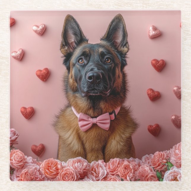 Posavasos De Vidrio Malinois belga con Rosas - El día de San Valentín (Anverso)