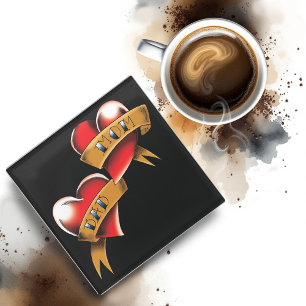 Posavasos De Vidrio Mamá papá tatuaje del corazón rojo