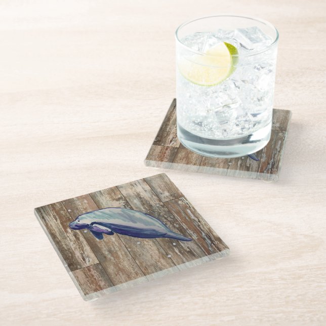 Posavasos De Vidrio Manatee Textura Rústica Decoración Vidrio de Mader (Angular)