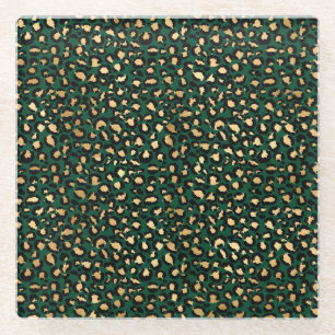 Posavasos De Vidrio Mancha de leopardo dorado y verde oscuro elegante