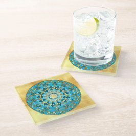 Posavasos De Vidrio Mándala azul dorado sobre fondo de oro suave