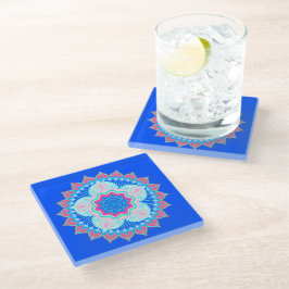 Posavasos De Vidrio Mandala Azul Rosa sobre Fondo Azul