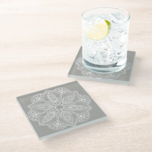 Posavasos De Vidrio Mandala blanca exótica con fondo gris