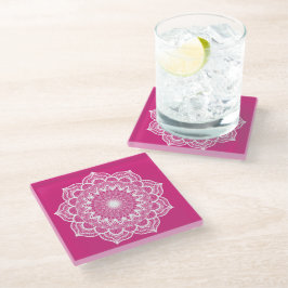 Posavasos De Vidrio Mandala blanco sobre fondo rosa