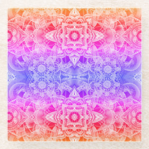 Posavasos De Vidrio Mandala caleidoscópico en azul, amarillo y rosa