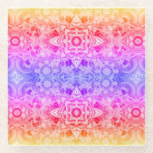 Posavasos De Vidrio Mandala caleidoscópico en azul, amarillo y rosa