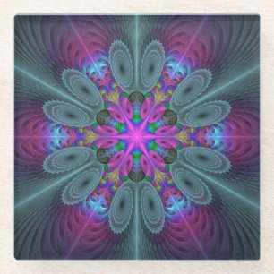 Posavasos De Vidrio Mandalá Colorido Arte Espiritual Fractal Con Rosa