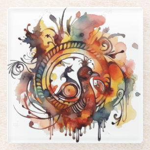 Posavasos De Vidrio Mandala de acuarela tribal fenix