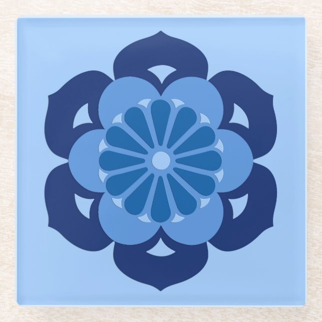 Posavasos De Vidrio Mandala de flores Lotus, índigo y azul claro (Anverso)