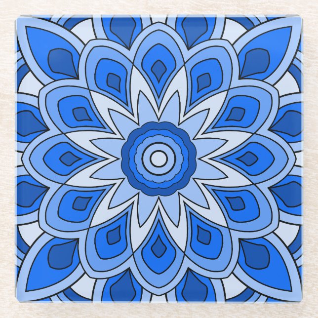 Posavasos De Vidrio Mandala en azul (Anverso)