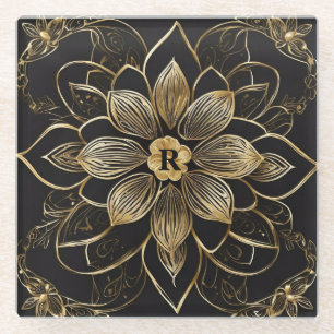 Posavasos De Vidrio Mandalá Floral Dorado Monograma Inicial Negro Eleg