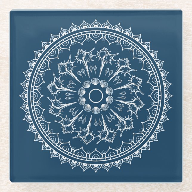 Posavasos De Vidrio Mandala hecha de Seashells (Anverso)