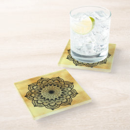 Posavasos De Vidrio Mandalá negro sobre fondo de oro suave