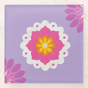 Posavasos De Vidrio mandala rosa y violeta pastel inspirada en india