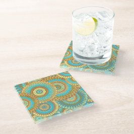 Posavasos De Vidrio Mandalá superpuesto azul marrón dorado